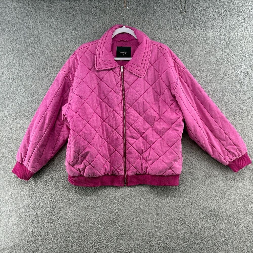 Woven Hot Pink Quilted Bomber Jacket, Size Large